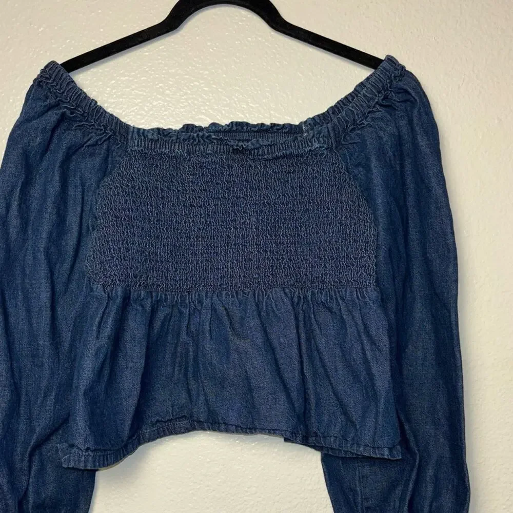 J. Crew Chambray Smocked Puffed-Sleeve Top Birch Wash (off shoulder) woman's Med